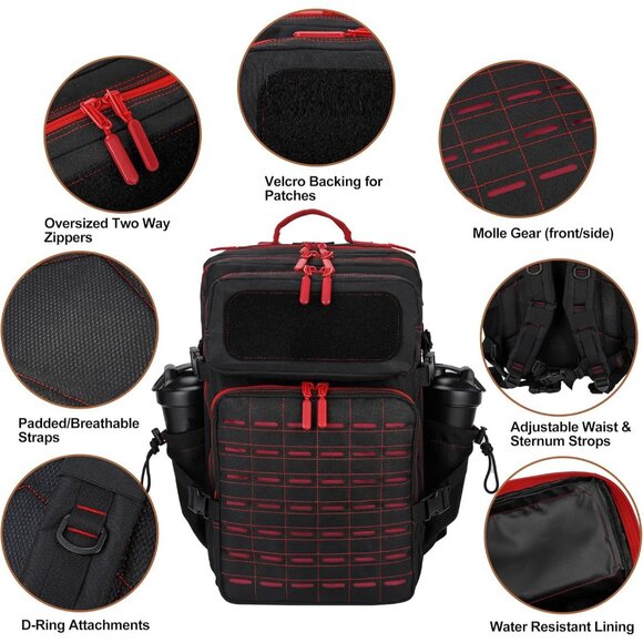 45L Tactical Backpack Molle Bag Black & Red Water-Resistant Heavy-Duty Nylon Lar - Picture 6 of 6